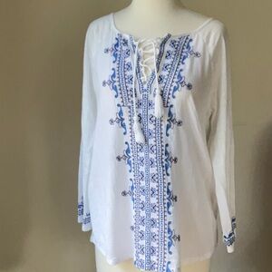 Lucky Brand White Blue Embroidered Long Sleeve Front Tie Tunic Top Size M